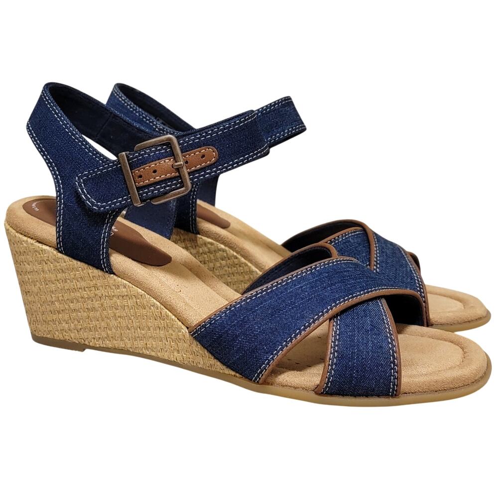 Clarks Women Emmalae Iris Wedge Heel Ankle Strap Sandals Size US 10M Dark Denim